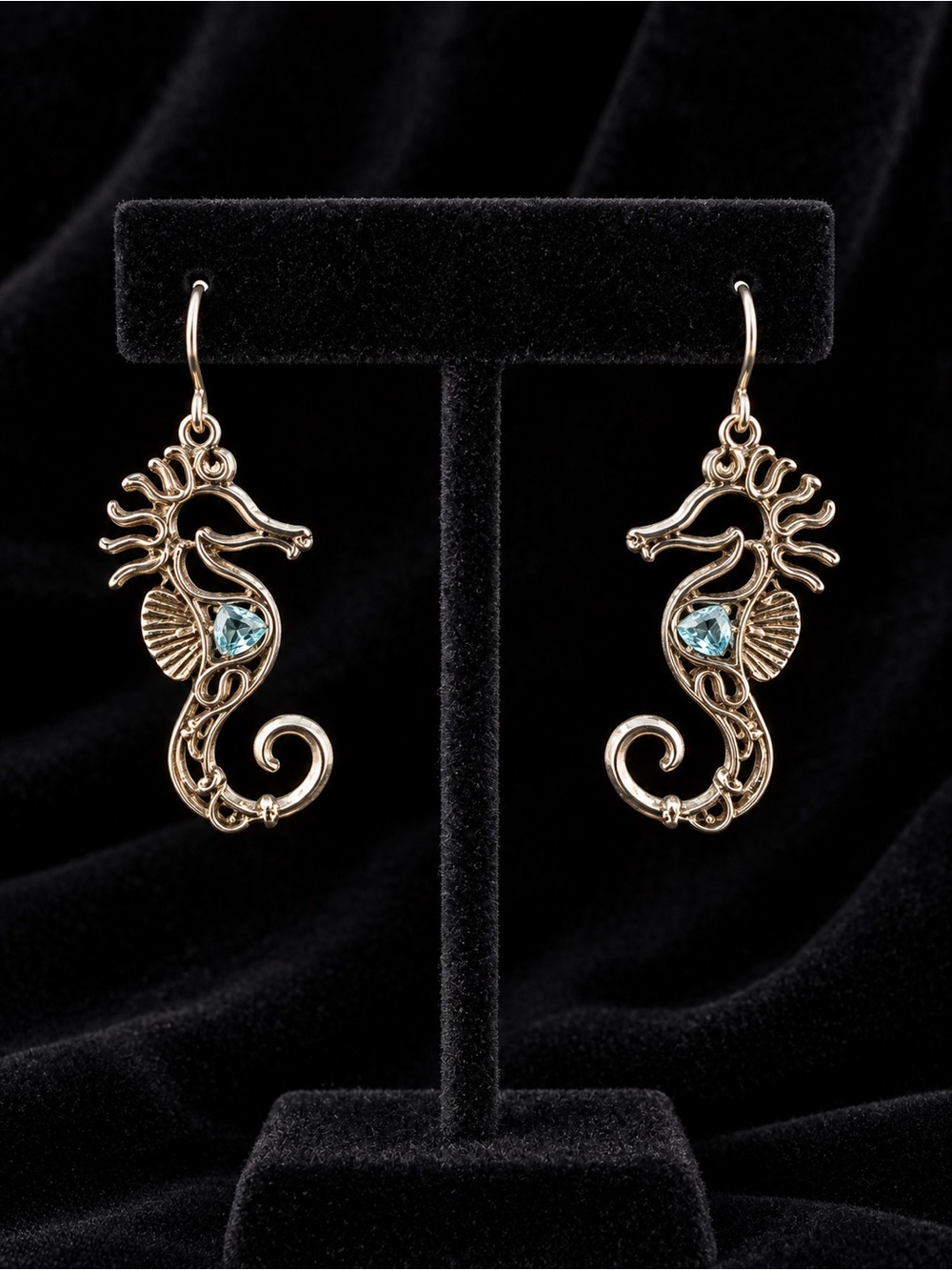 Silver Seahorse Drop Earrings with Blue Stone Accent